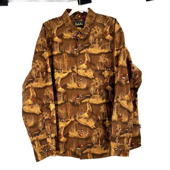 Cabela's Hunting Pheasant‎ Button Down Shirt Men's 2XL Brown Western Cowboy Camo - Picture 1 of 9